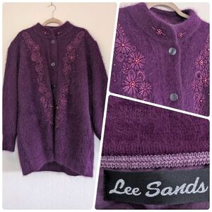 VTG Lee Sands Purple Rabbit Angora Hair Blend Cardigan Sweater Coat
